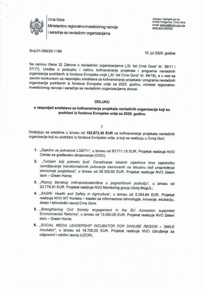 Odluka o raspodjeli sredstava za kofinansiranje projekata nevladinih organizacija koji su podržani iz fondova EU u 2025.
