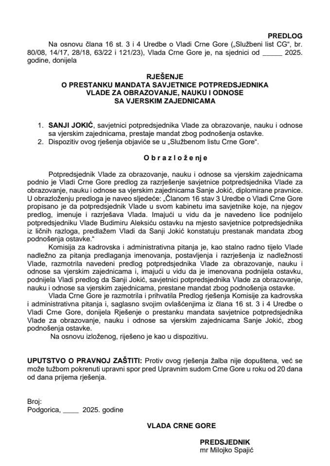 Predlog za prestanak mandata savjetnice potpredsjednika Vlade za obrazovanje, nauku i odnose sa vjerskim zajednicama
