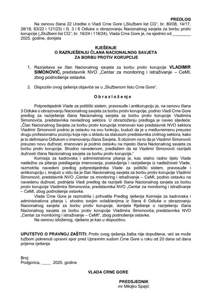 Predlog za razrješenje člana Nacionalnog savjeta za borbu protiv korupcije