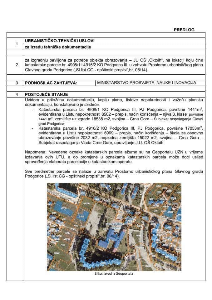 Predlog urbanističko-tehničkih uslova za izradu tehničke dokumentacije za izgradnju paviljona za potrebe objekta obrazovanja - JU OŠ „Oktoih“, na lokaciji koju čine katastarske parcele br. 4908/1 i 4916/2 KO Podgorica III
