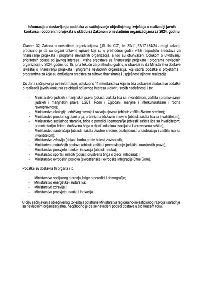 Informacija o dostavljanju podataka za sačinjavanje objedinjenog Izvještaja o realizaciji javnih konkursa i odobrenih projekata u skladu sa Zakonom o nevladinim organizacijama za 2024. godinu