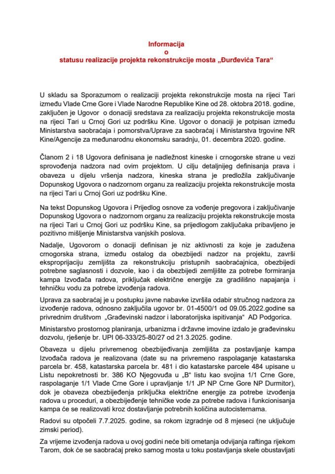 Informacija o statusu realizacije projekta rekonstrukcije mosta „Đurđevića Tara“