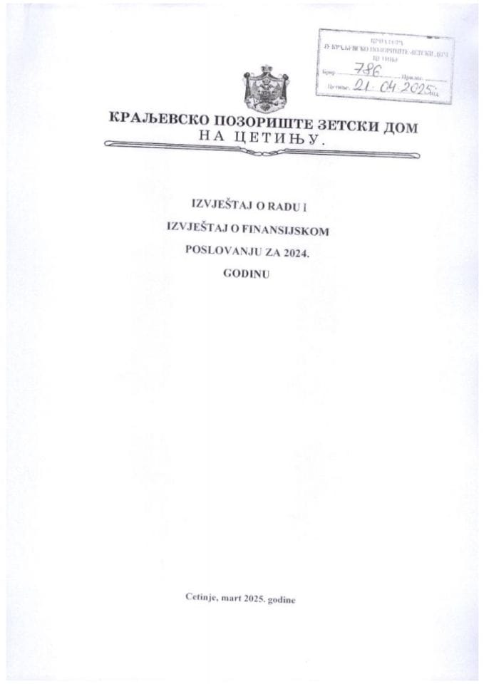 Izvještaj o radu i finansijskom poslovanju JU Kraljevsko pozorište „Zetski dom“ za 2024. godinu