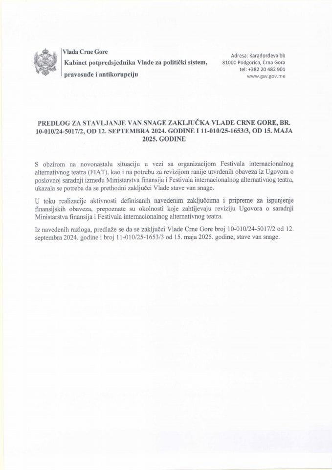 Predlog za stavljanje van snage Zaključaka Vlade Crne Gore, br. 10-010/24-5017/2, od 12. septembra 2024. godine i 11-010/25-1653/3, od 15. maja 2025. godine