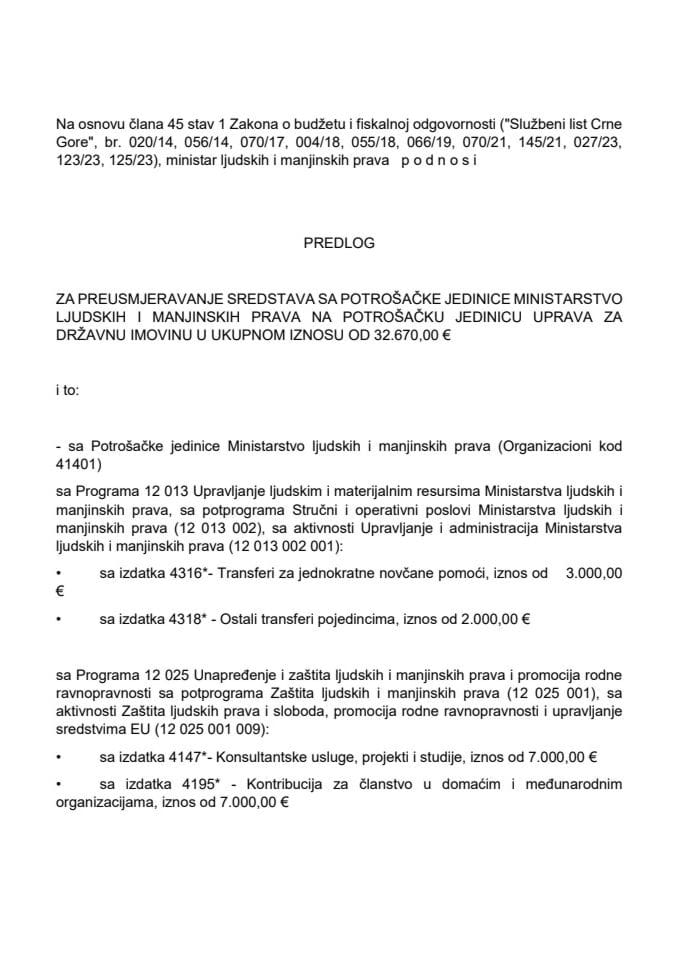 Predlog za preusmjeravanje sredstava sa potrošačke jedinice Ministarstvo ljudskih i manjinskih prava na potrošačku jedinicu Uprava za državnu imovinu