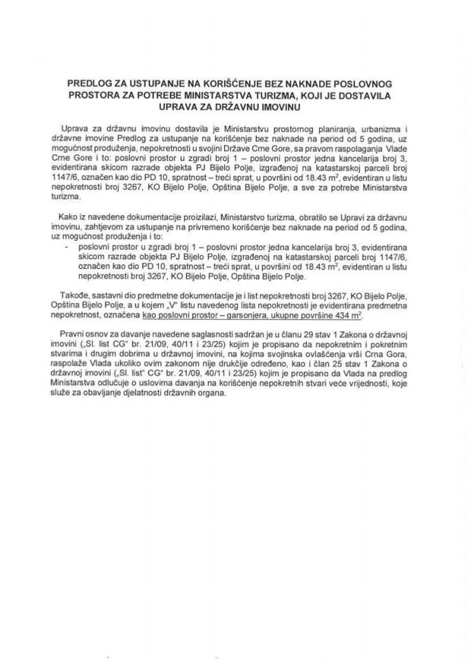 Predlog za ustupanje na korišćenje bez naknade poslovnog prostora za potrebe Ministarstva turizma s Predlogom ugovora