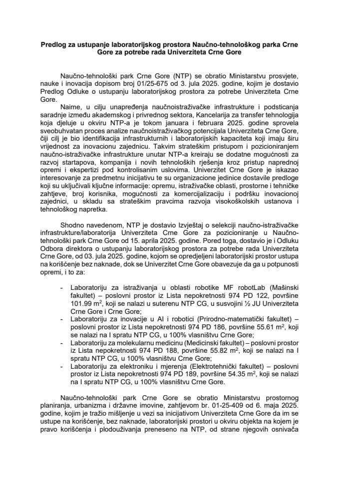 Predlog za ustupanje laboratorijskog prostora Naučno-tehnološkog parka Crne Gore za potrebe rada Univerziteta Crne Gore