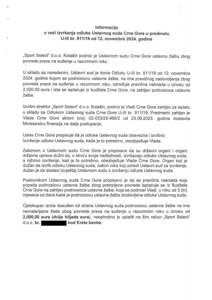 Informacija u vezi izvršenja odluke Ustavnog suda Crne Gore u predmetu U-III br. 911/19, od 12. novembra 2024. godine