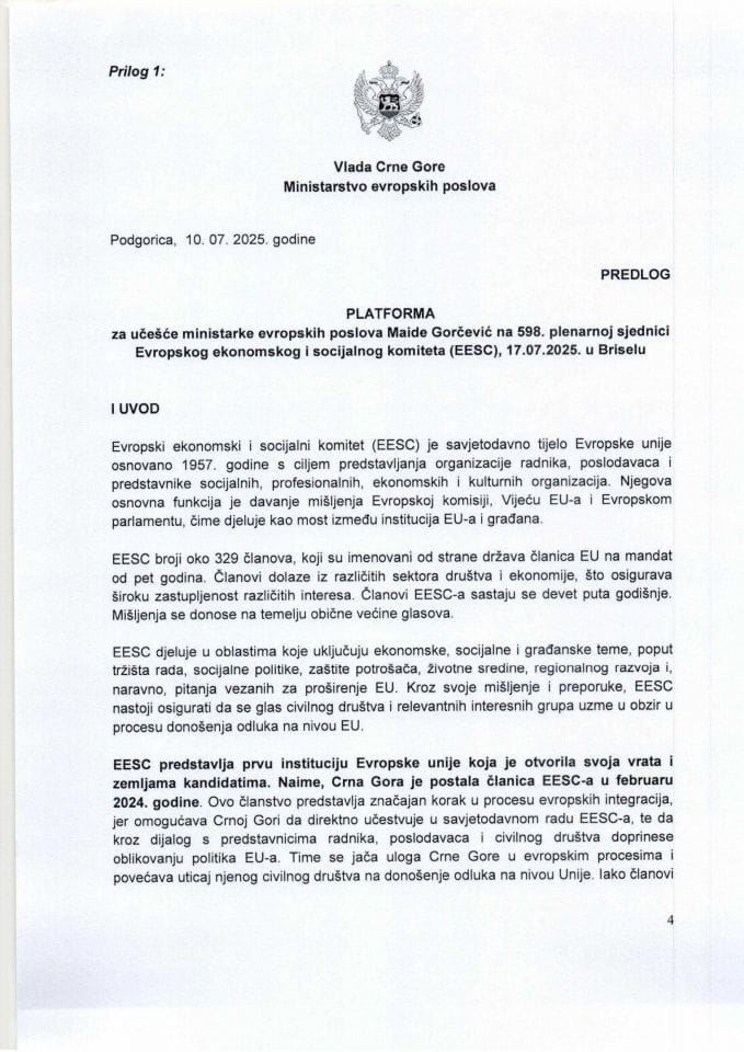 Predlog platforme za učešće ministarke evropskih poslova Maide Gorčević na 598. plenarnoj sjednici Evropskog ekonomskog i socijalnog komiteta (EESC), 17. jula 2025. godine, u Briselu