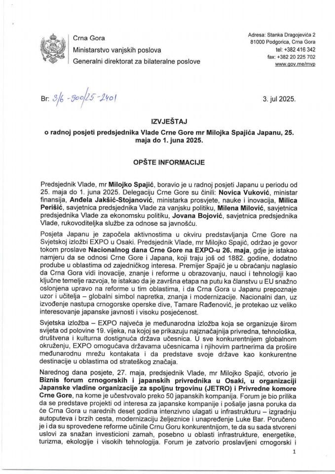 Izvještaj o radnoj posjeti predsjednika Vlade Crne Gore mr Milojka Spajića Japanu, od 25. maja do 1. juna 2025. godine