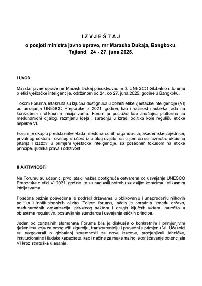 Izvještaj o posjeti ministra javne uprave, mr Marasha Dukaja, Bangkoku, Tajland, 24 - 27. jun 2025. godine