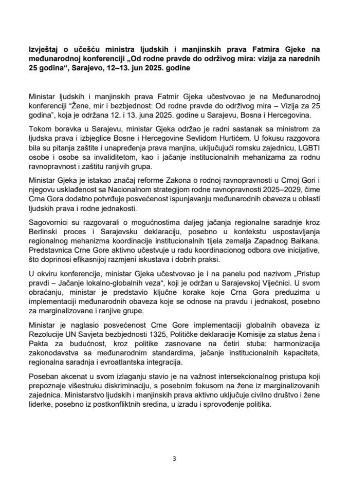 Izvještaj o učešću ministra ljudskih i manjinskih prava Fatmira Gjeke na međunarodnoj konferenciji „Od rodne pravde do održivog mira: vizija za narednih 25 godina“, Sarajevo, 12–13. jun 2025. godine