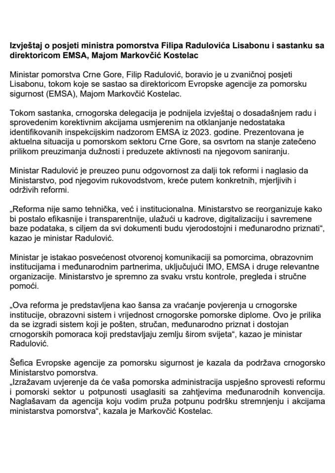 Izvještaj o posjeti ministra pomorstva Filipa Radulovića Lisabonu i sastanku sa direktoricom EMSA, Majom Markovčić Kostelac