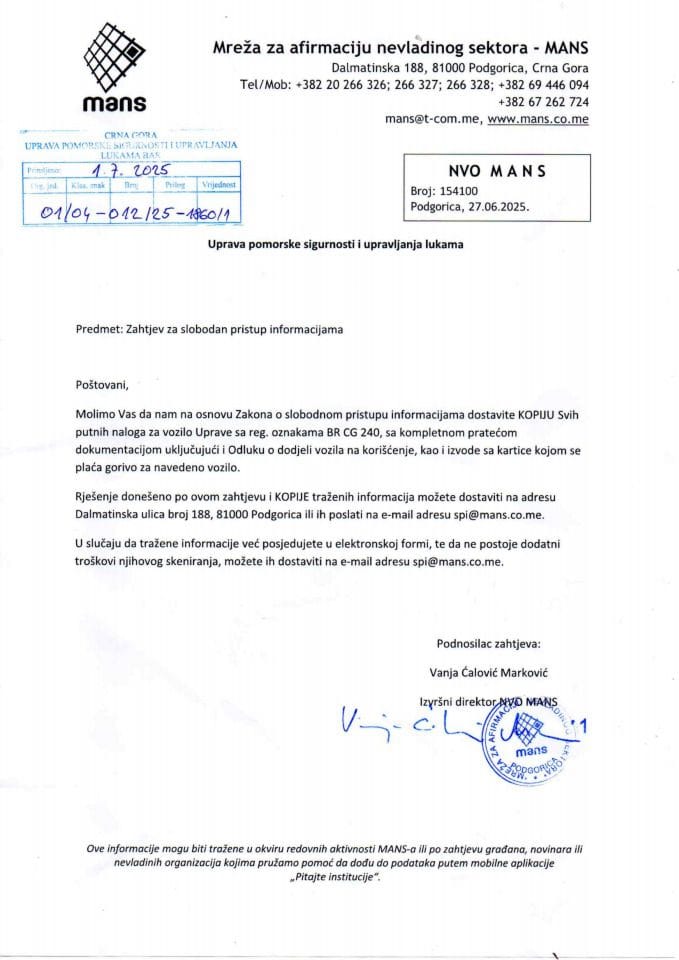 Zahtjev Mans-a br. 154100 od 27.06.2025. i Rjesenje SPI