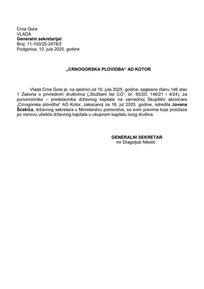Predlog za određivanje punomoćnika-predstavnika državnog kapitala na vanrednoj Skupštini akcionara „Crnogorska plovidba“ AD Kotor