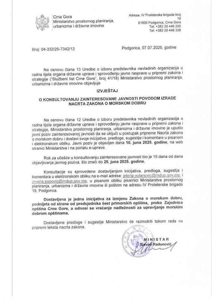 Izvještaj o konsultovanju zainteresovane javnosti povodom izdrade nacrta zakona o morskom dobru