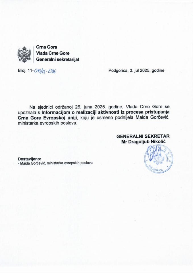 Усмена информација о реализацији активности из процеса приступања Црне Горе Европској унији - Закључци