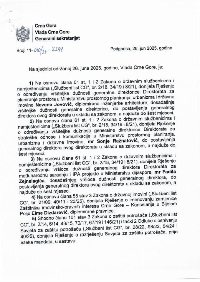 Кадровска питања - 86. сједница Владе Црне Горе - Закључци