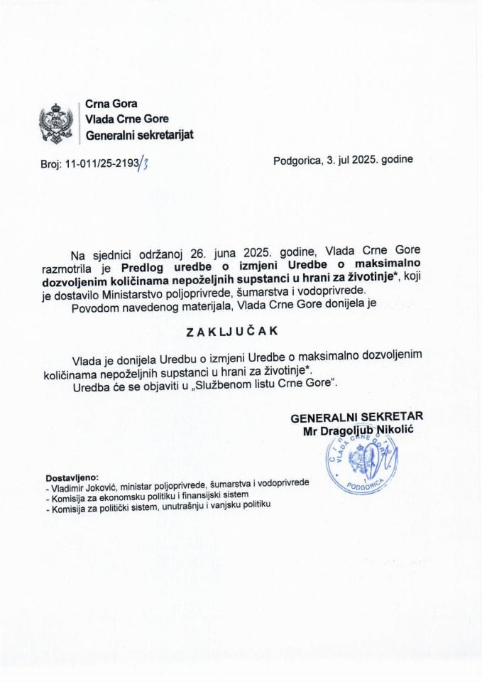 Предлог уредбе о измјени Уредбе о максимално дозвољеним количинама непожељних супстанци у храни за животиње - Закључци