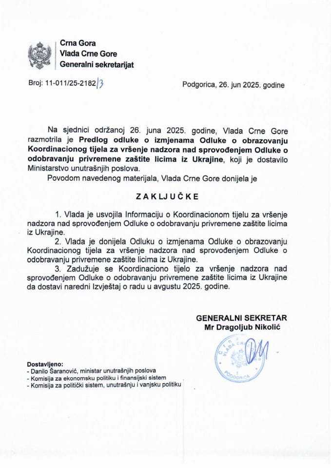 Предлог одлуке о измјенама Одлуке о образовању Координационог тијела за вршење надзора над спровођењем Одлуке о одобравању привремене заштите лицима из Украјине - Закључци