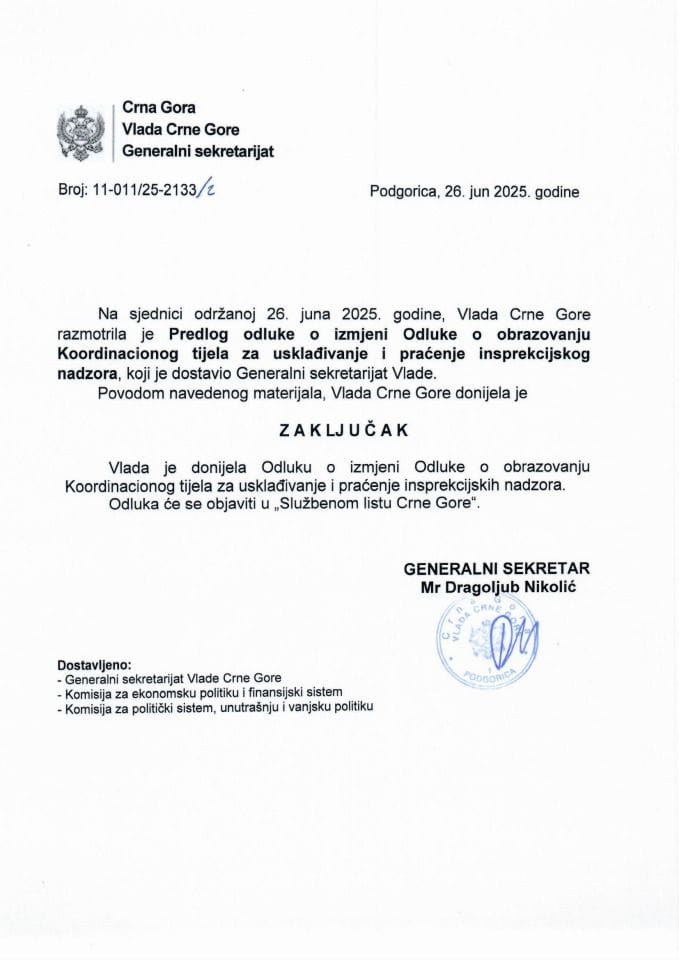 Предлог одлуке о измјени Одлуке о образовању Координационог тијела за усклађивање и праћење инспрекцијског надзора - Закључци