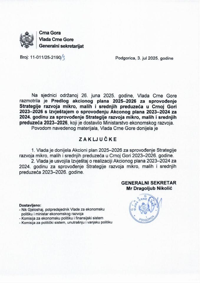 Предлог акционог плана 2025 - 2026 за спровођење Стратегије развоја микро, малих и средњих предузећа у Црној Гори 2023 - 2026 с Извјештајем о реализацији Акционог плана за 2024. годину - Закључци