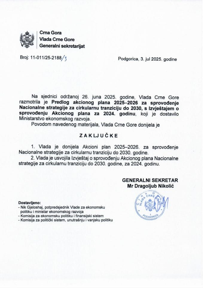 Предлог акционог плана 2025-2026 за спровођење Националне стратегије за циркуларну транзицију до 2030, с Извјештајем о спровођењу Акционог плана за 2024. годину - Закључци