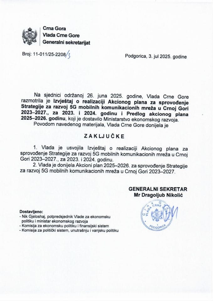 Извјештај о реализацији Акционог плана за спровођење Стратегије за развој 5Г мобилних комуникационих мрежа у Црној Гори 2023-2027., за 2023. и 2024. годину и Предлог акционог плана 2025 -2026. годину - Закључци