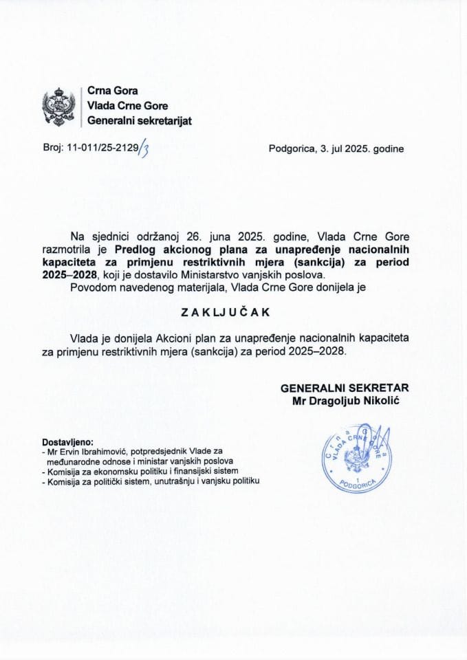 Предлог акционог плана за унапрјеђење националних капацитета за примјену рестриктивних мјера (санкција) за период 2025-2028. - Закључци
