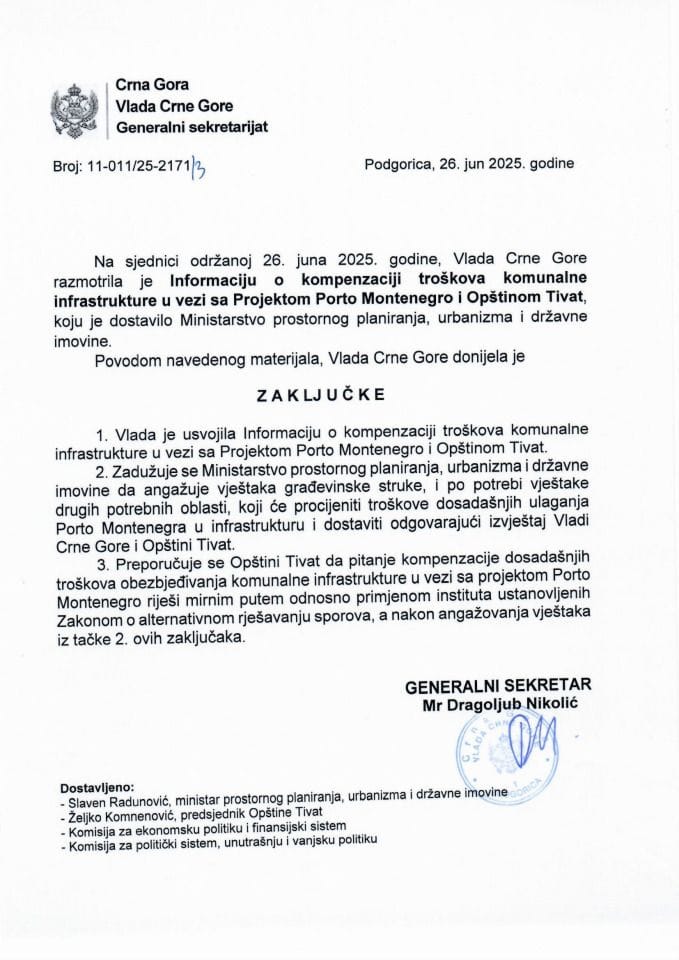 Информација о компензацији трошкова комуналне инфраструктуре у вези са Пројектом Porto Montenegro и Општином Тиват - Закључци