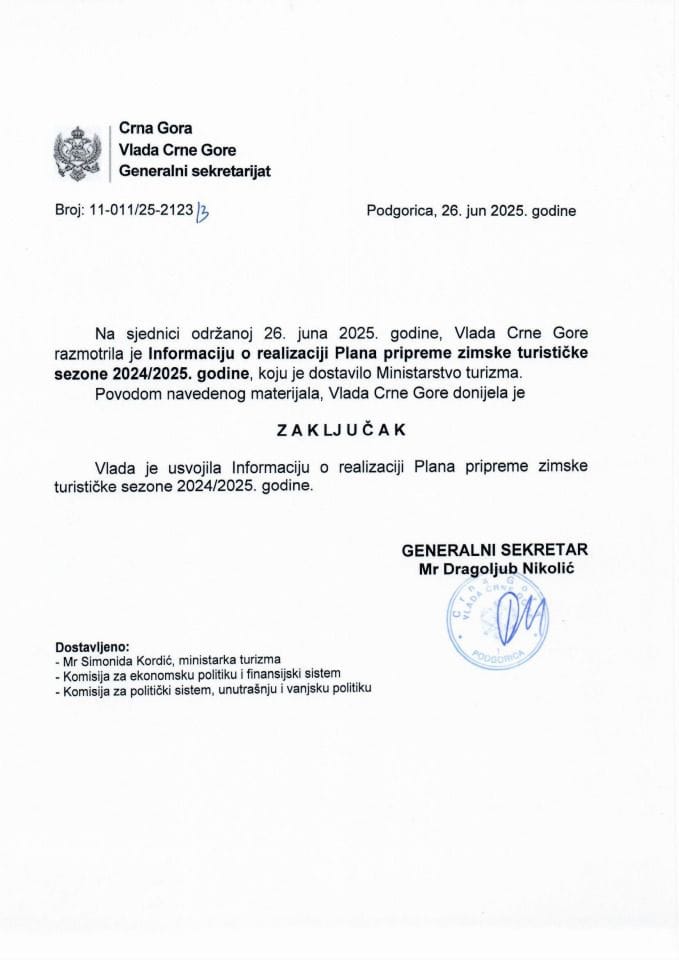 Информација о реализацији Плана припреме зимске туристичке сезоне 2024/2025. године - Закључци