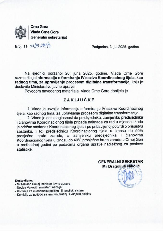 Информација о формирању IV сазива Координациног тијела, као радног тима, за управљање процесом дигиталне трансформације - Закључци