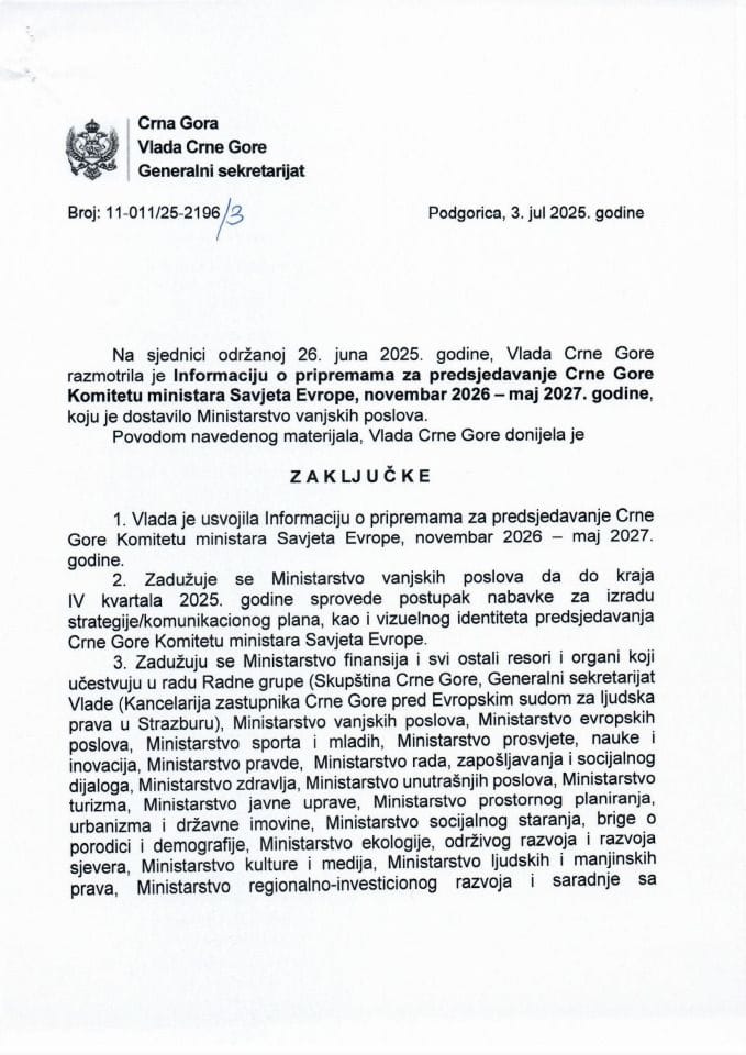 Информација о припремама за предсједавање Црне Горе Комитету министара Савјета Европе: новембар 2026 - мај 2027. године - Закључци