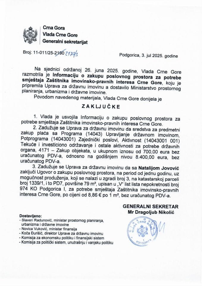 Информација о закупу пословног простора за потребе смјештаја Заштитника имовинско-правних интереса Црне Горе - Закључци
