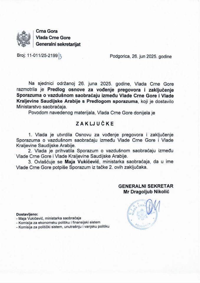 Приједлог основе за вођење преговора и закључење Споразума о ваздушном саобраћају између Владе Црне Горе и Владе Краљевине Саудијске Арабије с Приједлогом споразума -Закључци