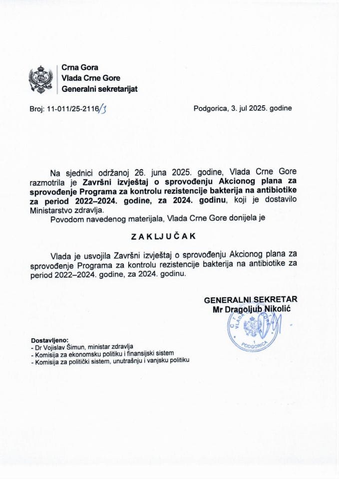 Завршни извјештај о спровођењу Акционог плана за спровођење Програма за контролу резистенције бактерија на антибиотике за период 2022-2024. године, за 2024. годину - Закључци