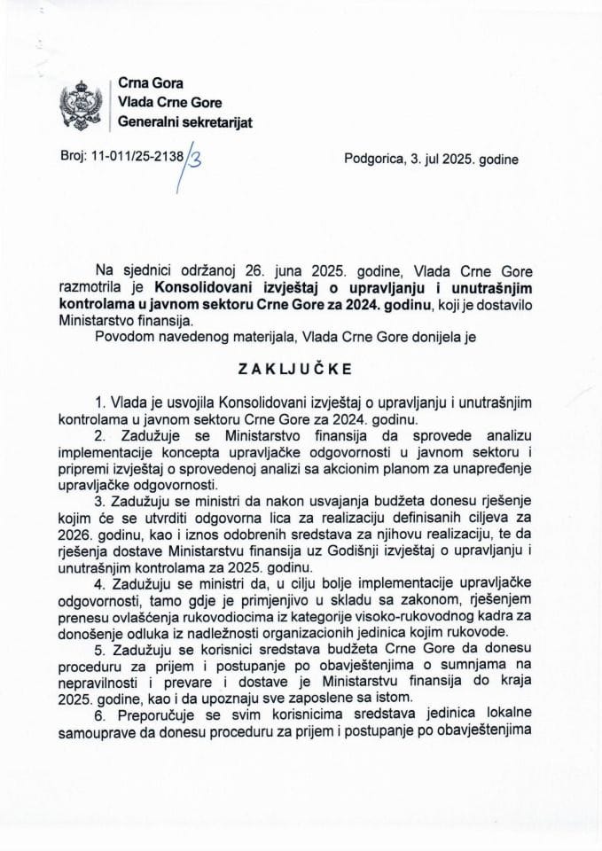 Консолидовани извјештај о управљању и унутрашњим контролама у јавном сектору Црне Горе за 2024. годину - Закључци