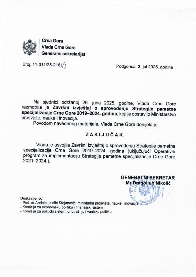 Завршни извјештај о спровођењу Стратегије паметне специјализације Црне Горе 2019-2024. година - Закључци