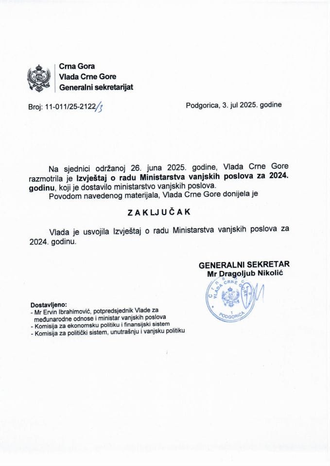 Извјештај о раду Министарства вањских послова за 2024. годину - Закључци