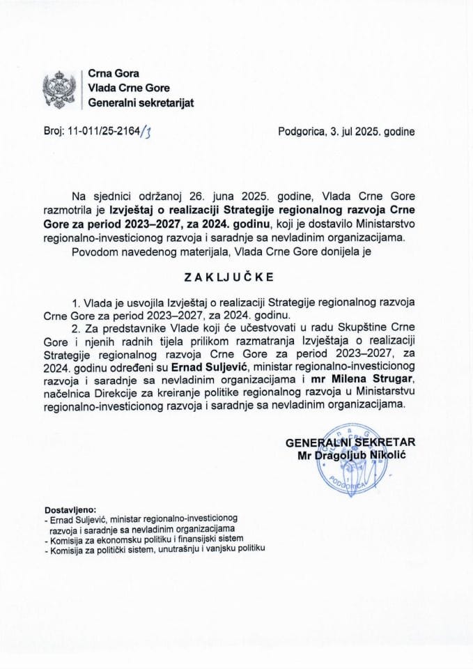 Извјештај о реализацији Стратегије регионалног развоја Црне Горе за период 2023 -2027, за 2024. годину - Закључци