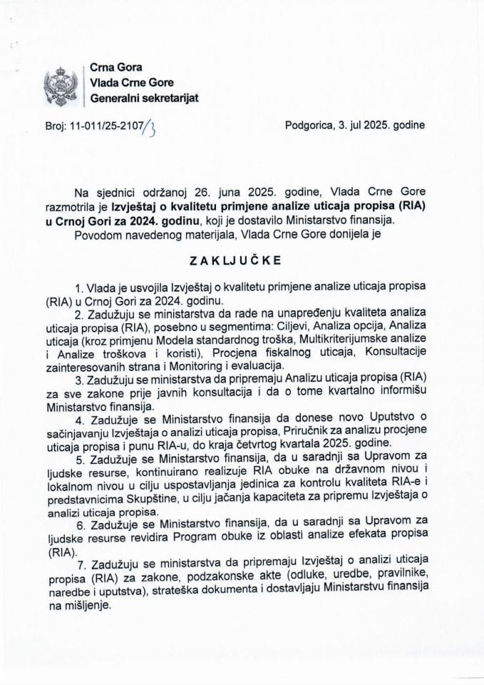 Извјештај о квалитету примјене анализе утицаја прописа (RIA) у Црној Гори за 2024. годину -  Закључци