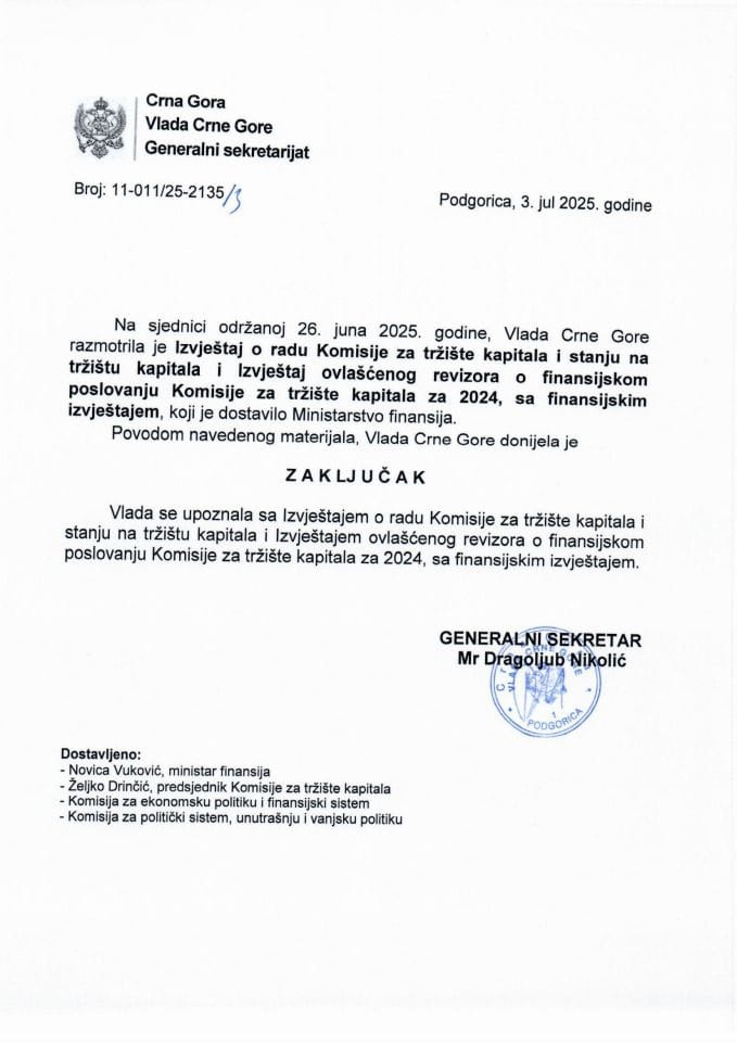 Извјештај о раду Комисије за тржиште капитала и стању на тржишту капитала и Извјештај овлашћеног ревизора о финансијском пословању Комисије за тржиште капитала за 2024, са финансијским извјештајем - Закључци