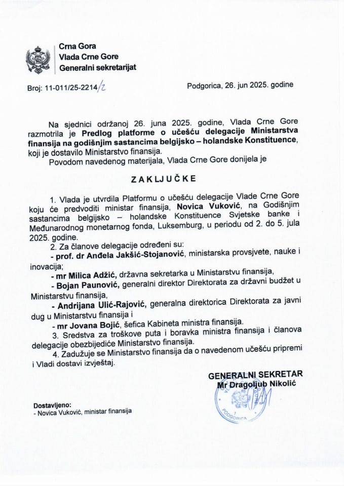 Предлог платформе о учешћу делегације Министарства финансија на годишњим састанцима белгијско - холандске Конституенце - Закључци