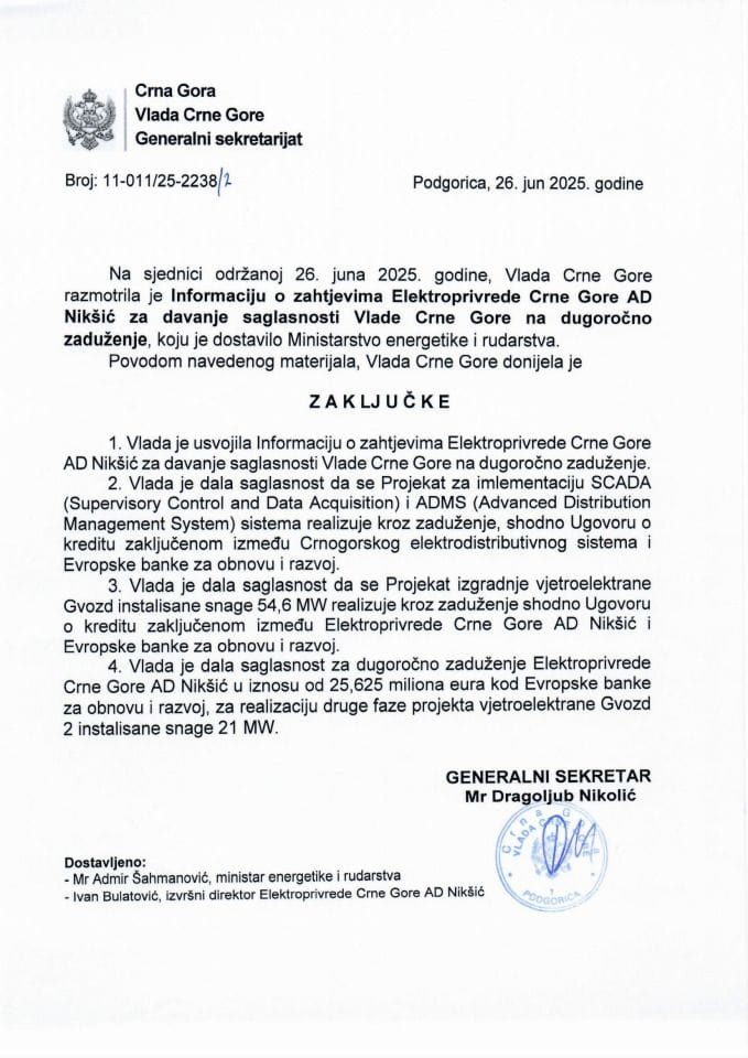 Информацију о захтјевима Електропривреде Црне Горе АД Никшић за давање сагласности Владе Црне Горе на дугорочно задужење -Закључци