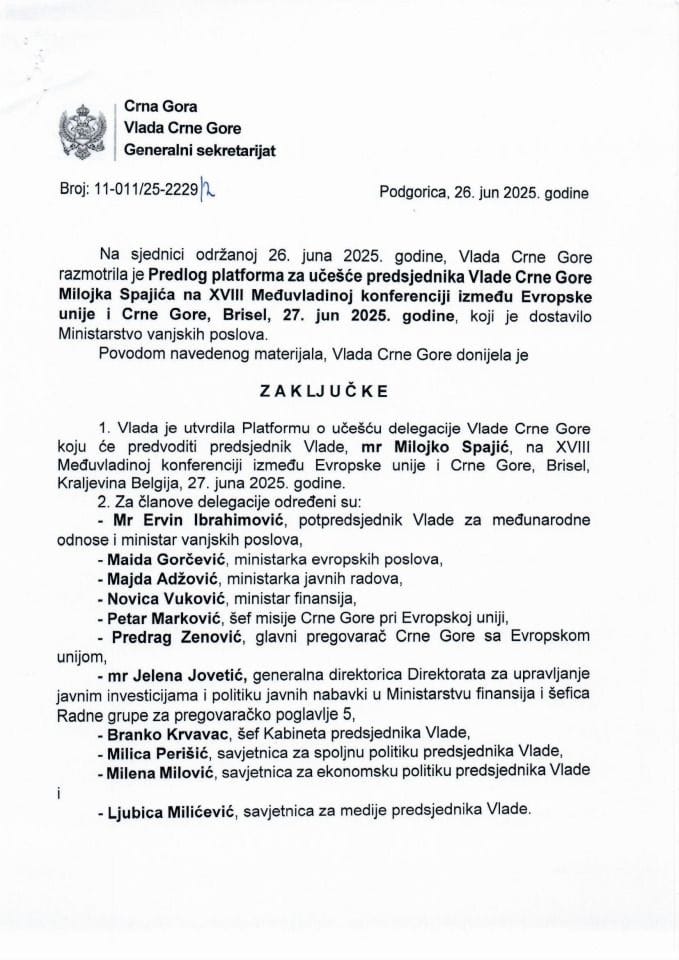 Приједлог платформа за учешће предсједника Владе Црне Горе Милојка Спајића на XVIII Међувладиној конференцији између Европске уније и Црне Горе, Брисел, 27. јун 2025. године - Закључци
