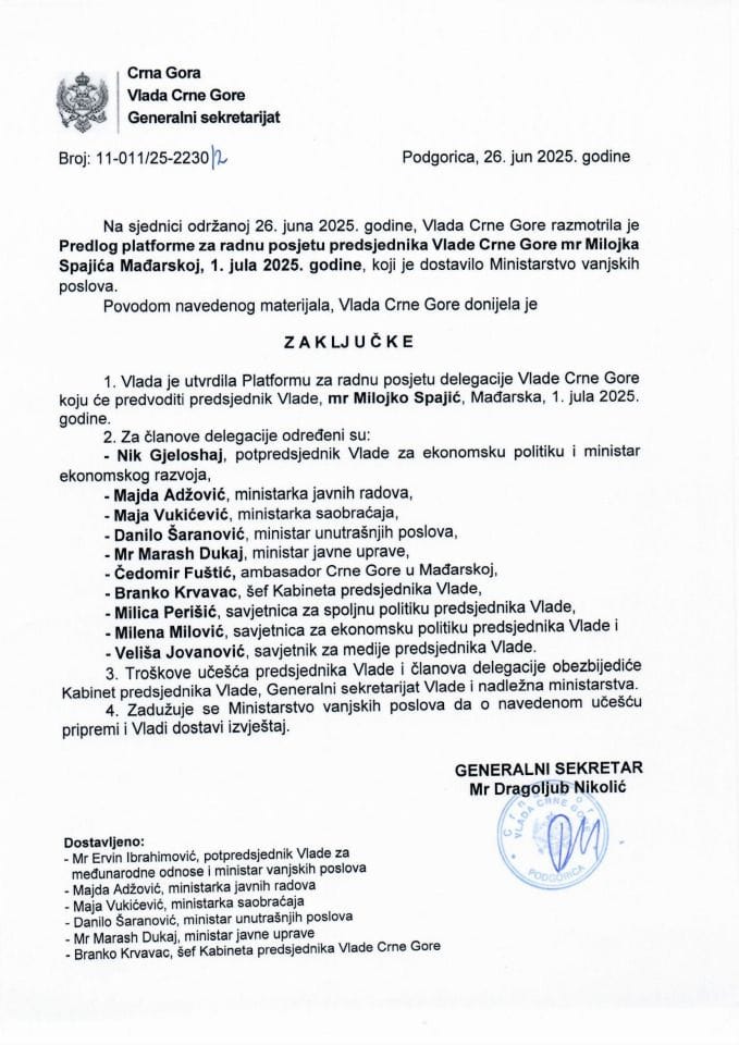 Приједлог платформе за радну посјету предсједника Владе Црне Горе мр Милојка Спајића Мађарској, 1. јула 2025.г. - Закључци