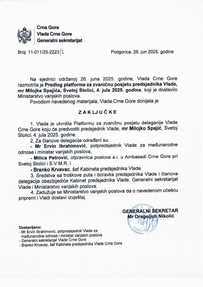 Приједлог платформе за званичну посјету предсједника Владе мр Милојка Спајића Светој Столици, 4. јула 2025.г. - Закључци