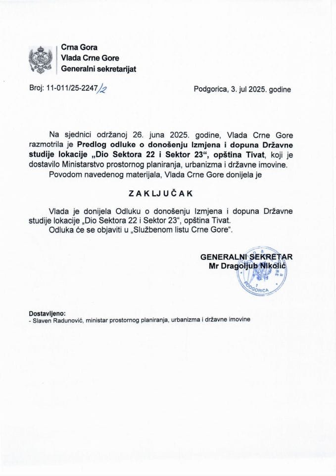 Предлог одлуке о доношењу Измјена и допуна Државне студије локације "Дио Сектора 22 и Сектор 23", општина Тиват - Закључци