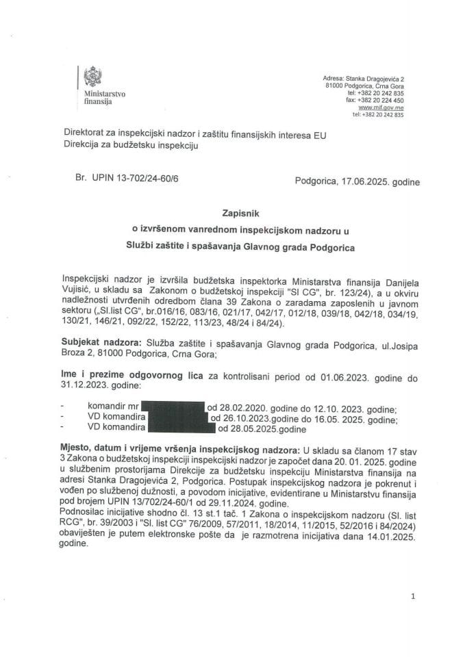 Zapisnik o izvršenom vanrednom inspekcijskom nadzoru u Službi zaštite i spašavanja Glavnog grada Podgorica