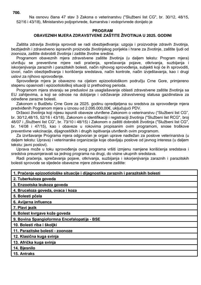 Program obaveznih mjera zdravstvene zaštite životinja u 2025. godini